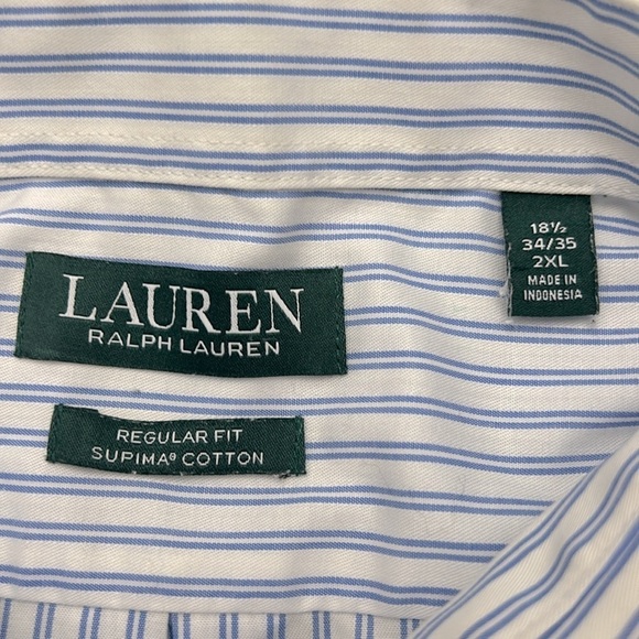 Lauren Ralph Lauren Men Blue White Stripe Cotton Shirt 18.5 34/35 Fall Classic - Picture 6 of 8